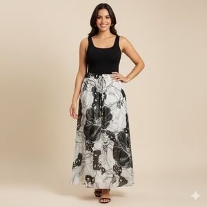 NEW‎ Worthington A Line Skirt Women Petite Large Black White Tropical Floral